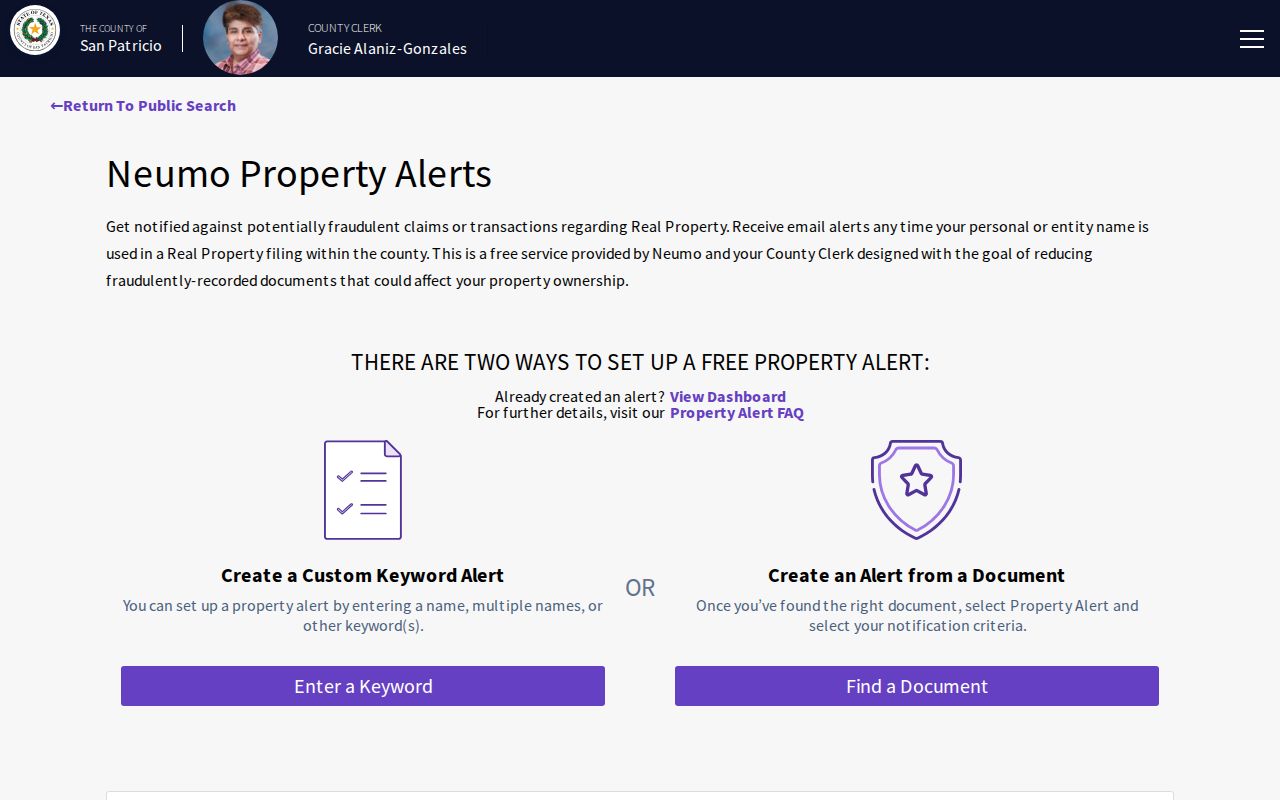 Portland previous residents research reference to the San Patricio County Property Alert service